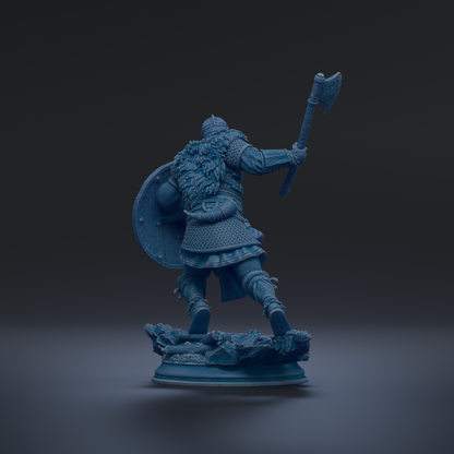 A blue armored warrior figure holding a shield and an axe, standing on a base against a dark background.