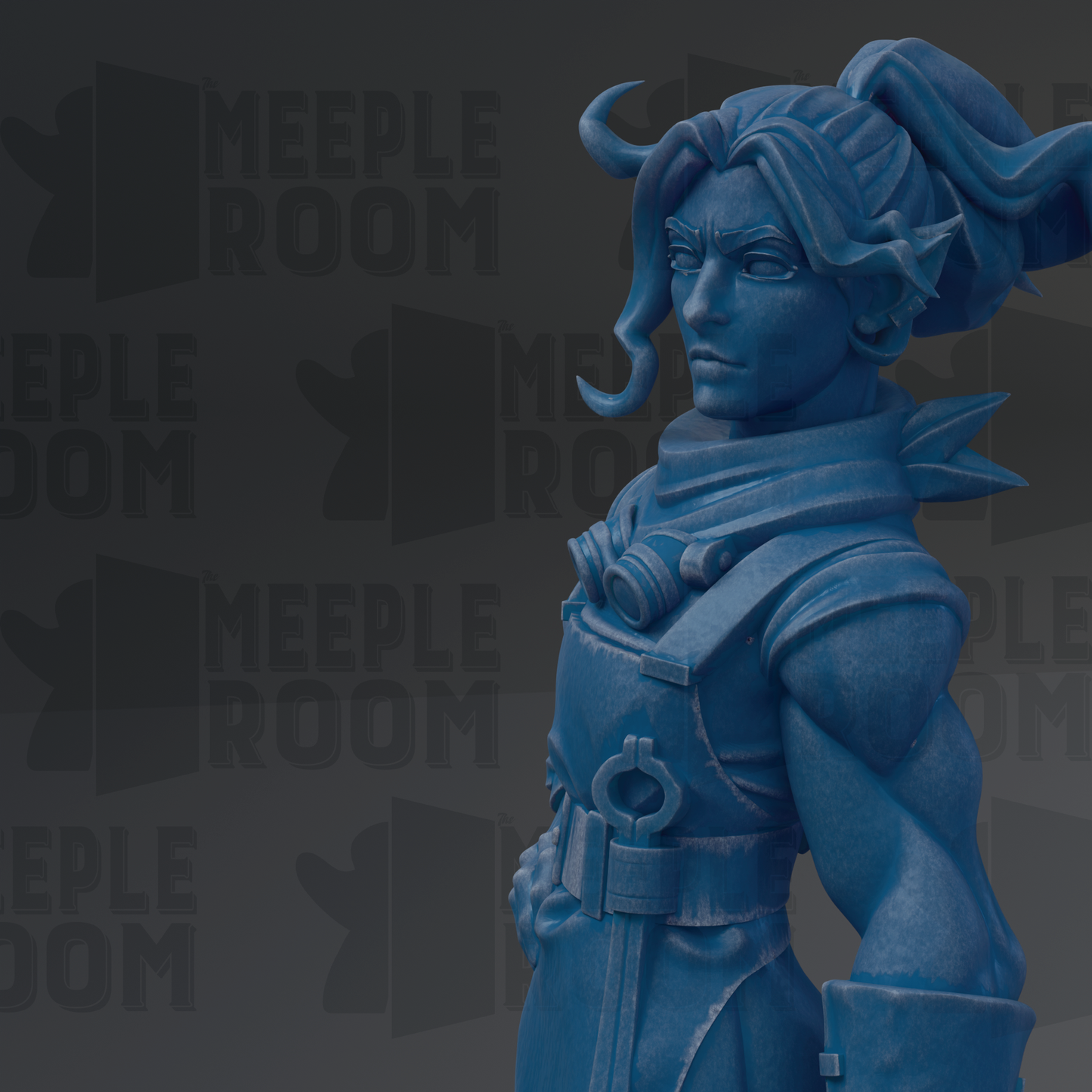 A blue statue of a person with a serious expression, wearing a scarf and holding a weapon, against a dark background with repeated text.