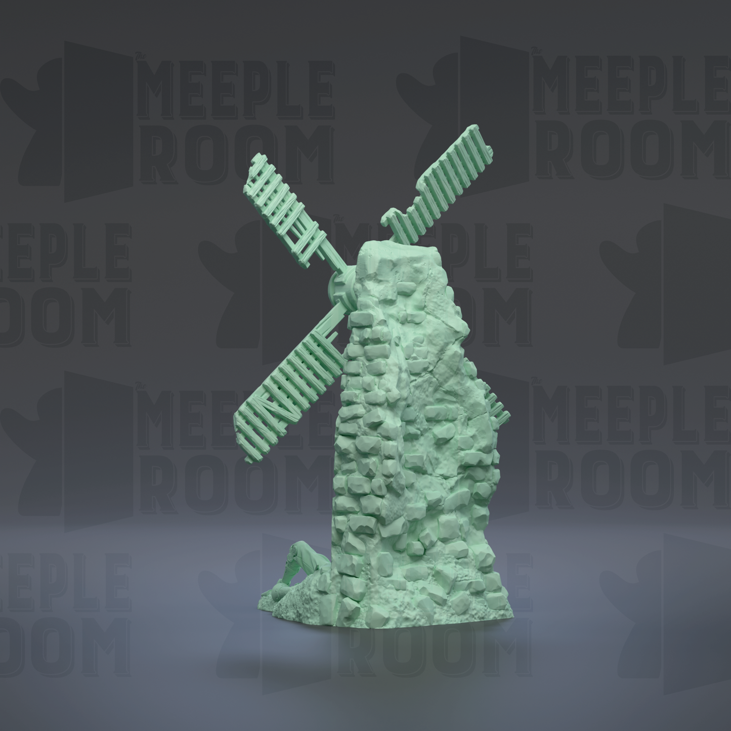 A green, 3D-rendered windmill sculpture stands on a rock formation against a dark background with repeated "MEIPLLE ROOM" text.