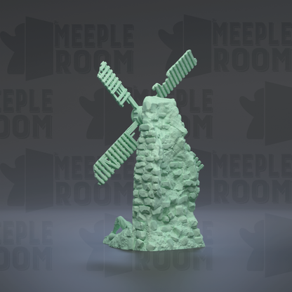 A green, 3D-rendered windmill sculpture stands on a rock formation against a dark background with repeated "MEIPLLE ROOM" text.