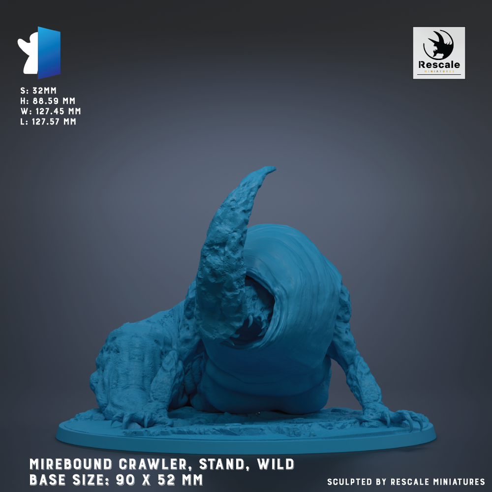 The image is a 3D model of a blue crawling creature, likely a type of mirebound crawler or stand, with a textured, sculpted appearance. The creature is shown in a crouched position, with its head and front legs raised. The image is described as a "wild base size: 90 x 52 mm" and is "sculpted by Rescale miniatures".