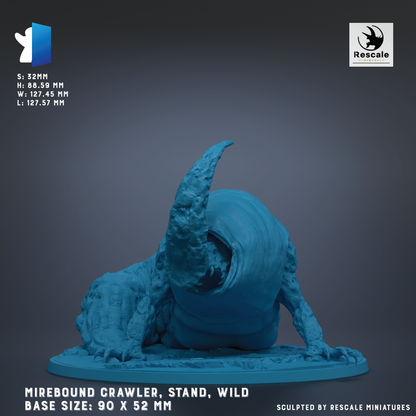 The image is a 3D model of a blue crawling creature, likely a type of mirebound crawler or stand, with a textured, sculpted appearance. The creature is shown in a crouched position, with its head and front legs raised. The image is described as a "wild base size: 90 x 52 mm" and is "sculpted by Rescale miniatures".