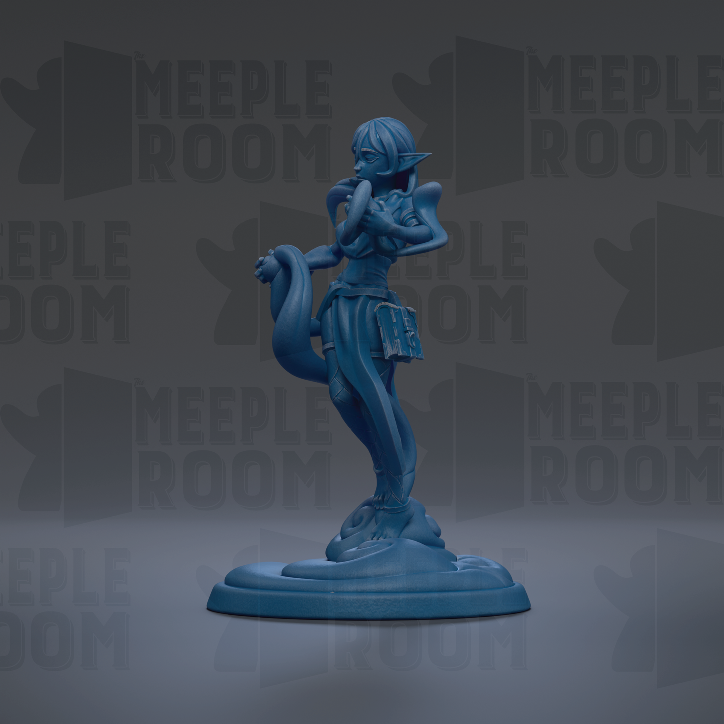 A blue figurine of a woman with a snake-like body stands on a base against a dark background with repeated text.