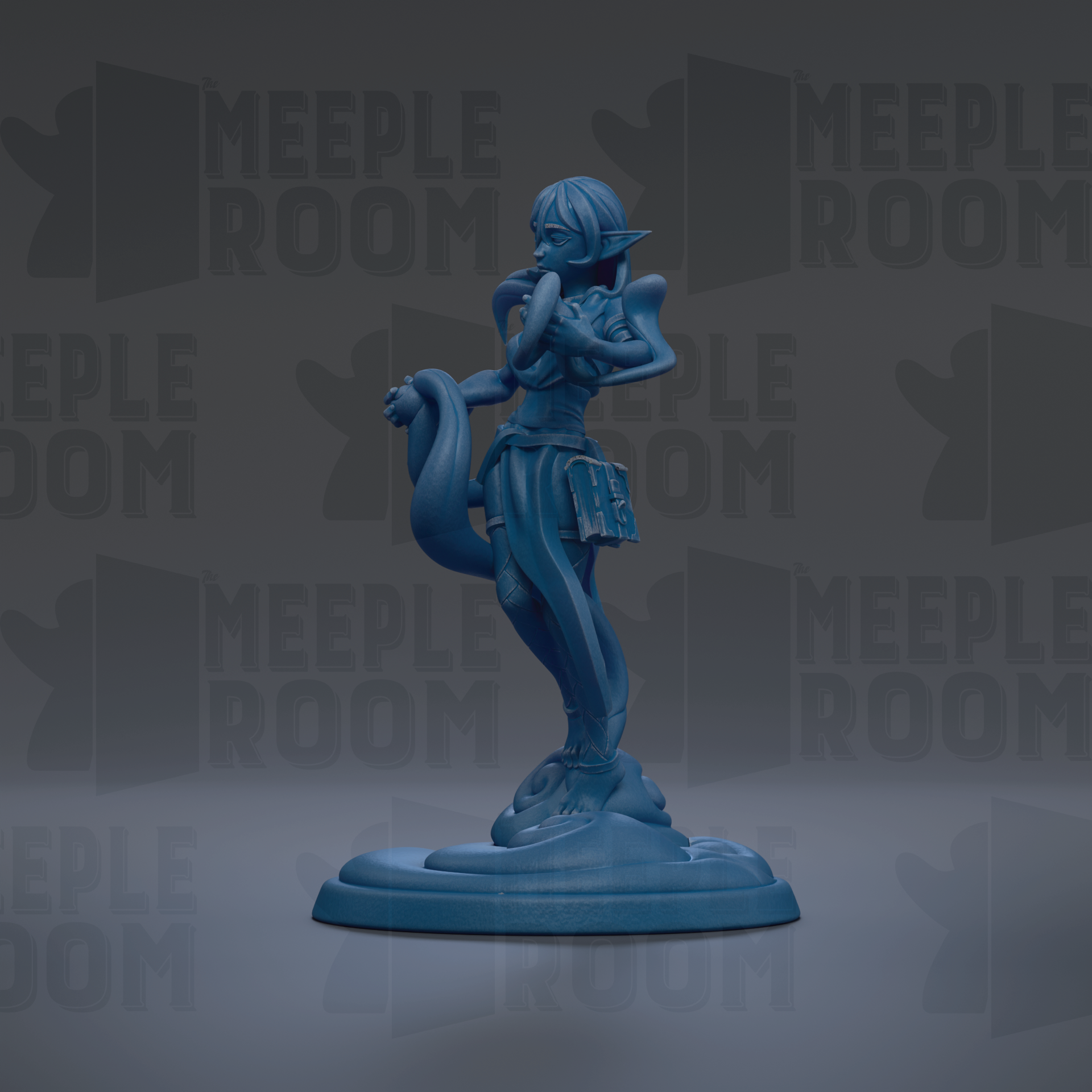 A blue figurine of a woman with a snake-like body stands on a base against a dark background with repeated text.
