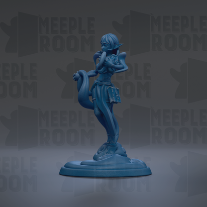 A blue figurine of a woman with a snake-like body stands on a base against a dark background with repeated text.