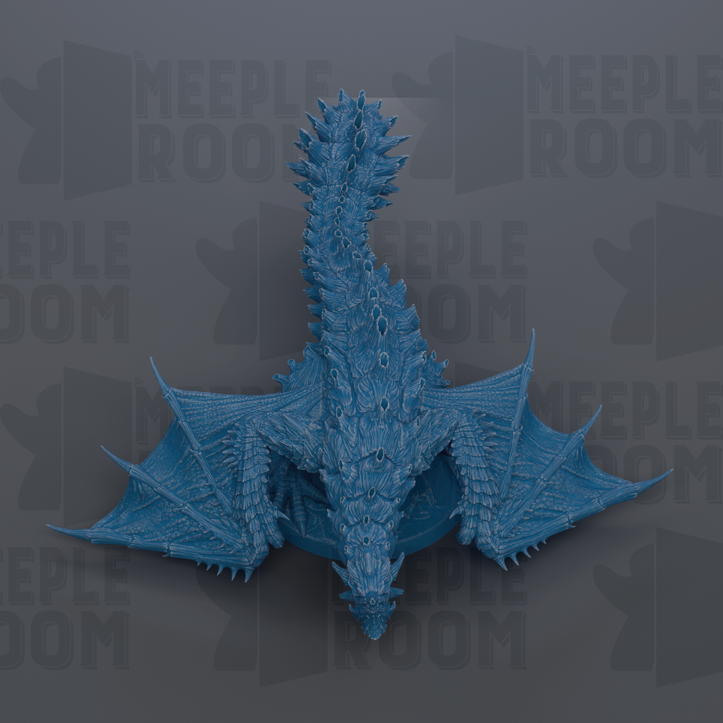 A detailed 3D rendering of a blue dragon-like creature with sharp teeth and spikes, set against a dark background with repeated text.