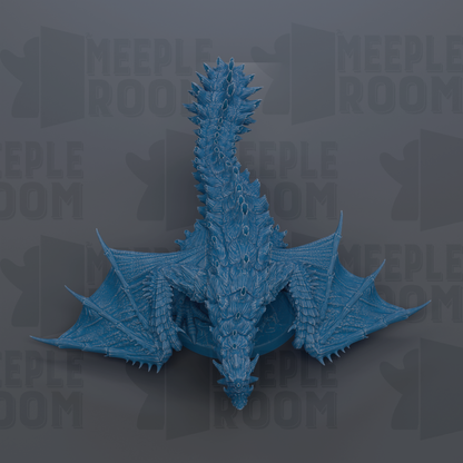 A detailed 3D rendering of a blue dragon-like creature with sharp teeth and spikes, set against a dark background with repeated text.