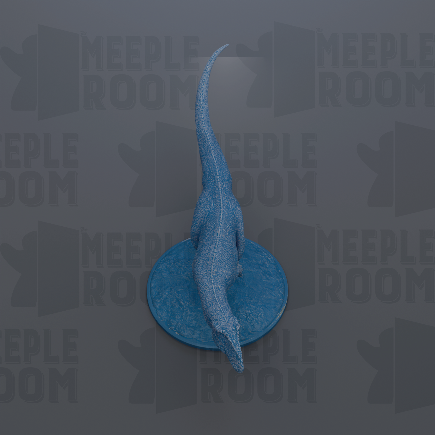 A blue dinosaur figurine is standing on a blue circular base against a gray background with repeated text.