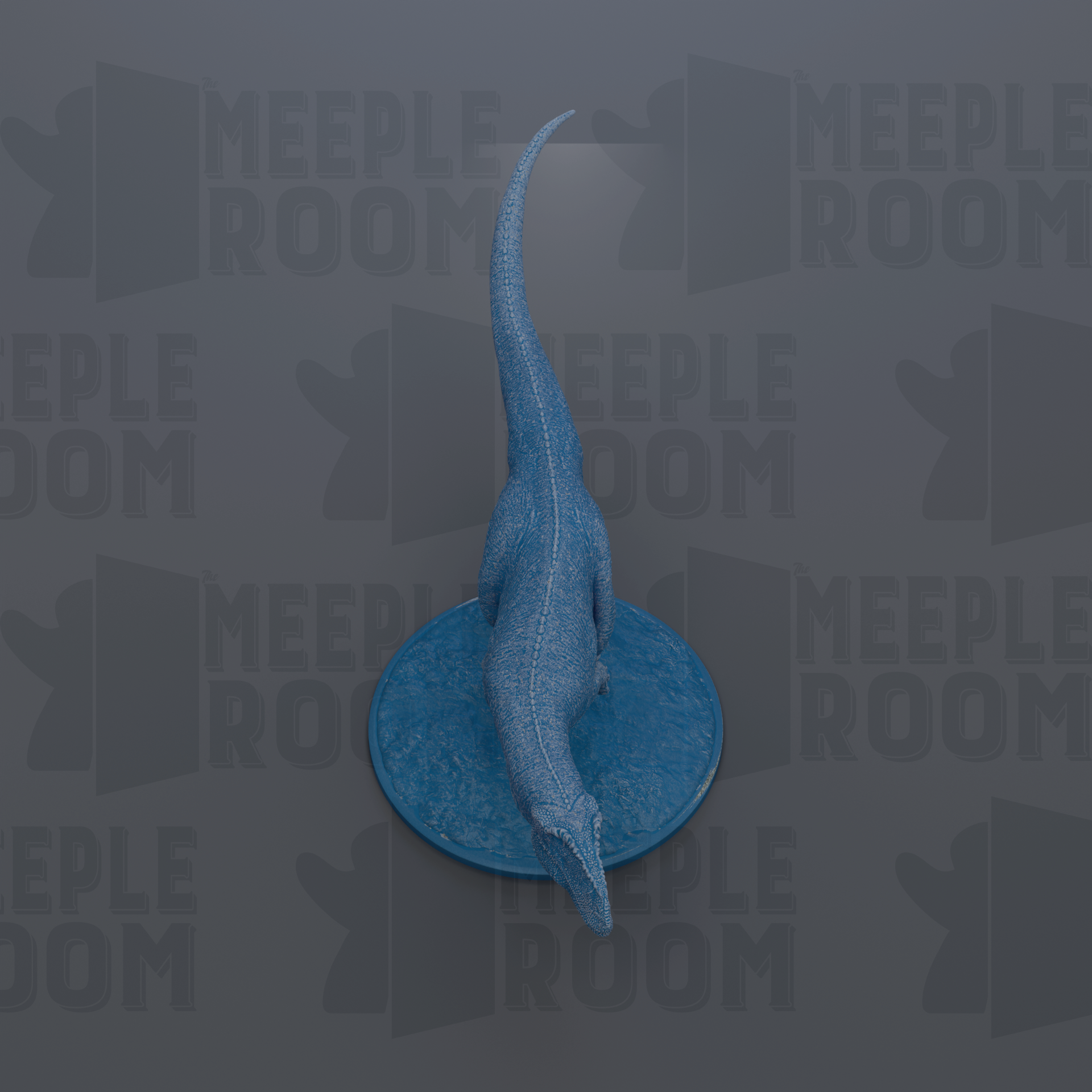 A blue dinosaur figurine is standing on a blue circular base against a gray background with repeated text.