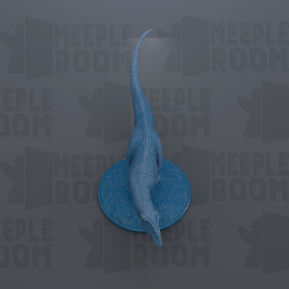A blue dinosaur figurine is standing on a blue circular base against a gray background with repeated text.