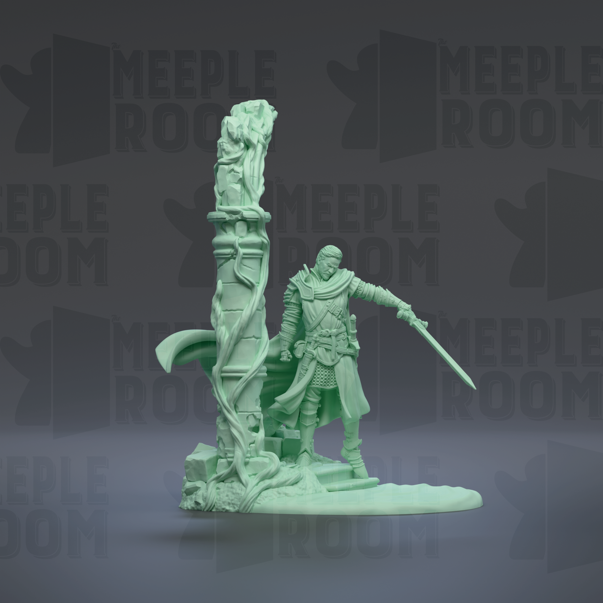 A green figurine of a knight holding a sword and standing next to a column with vines growing on it, against a dark background with repeated text.