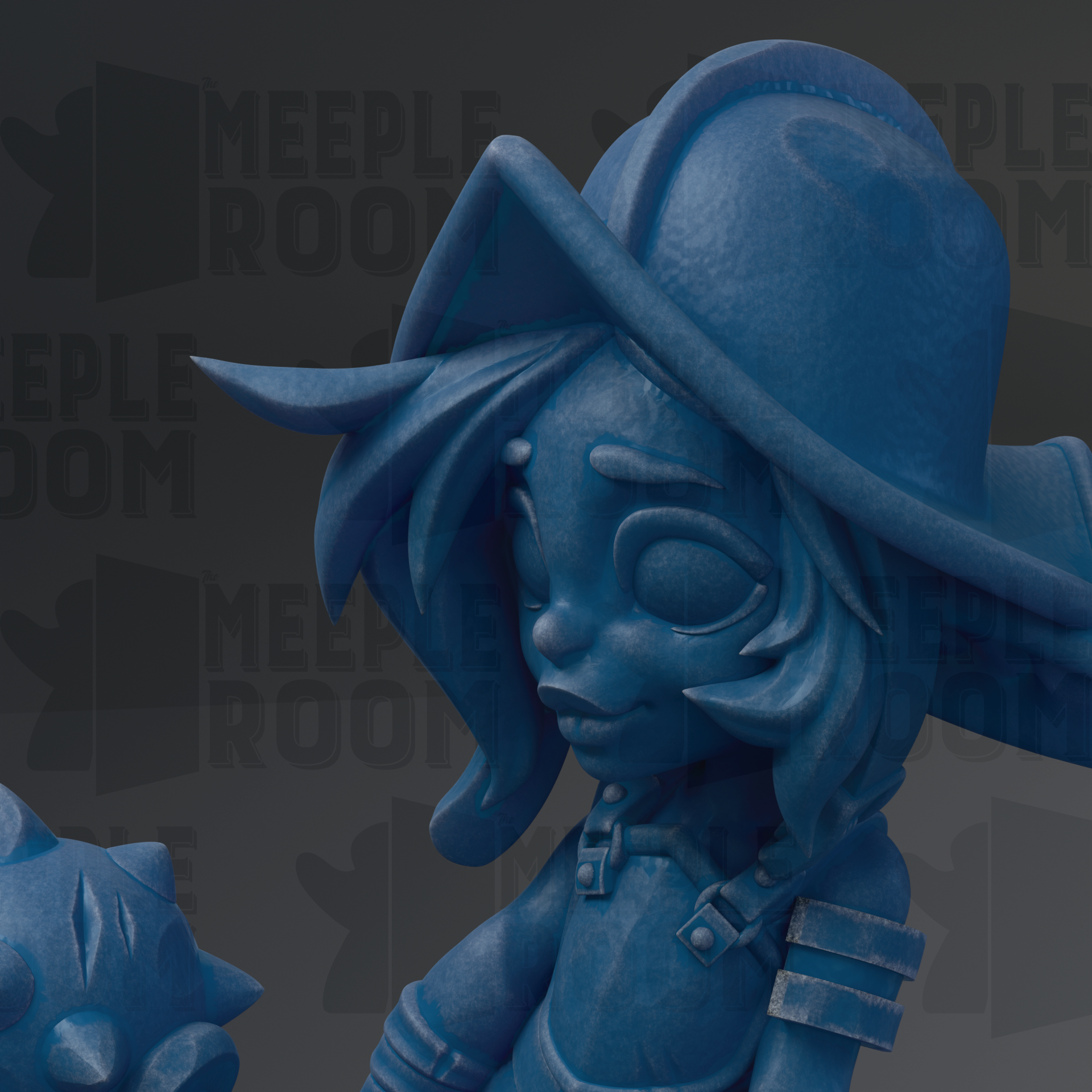 A close-up of a blue, cartoonish figurine with a pointed hat and a detailed facial expression.