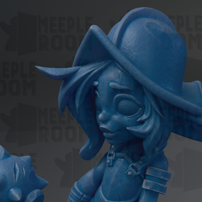 A close-up of a blue, cartoonish figurine with a pointed hat and a detailed facial expression.