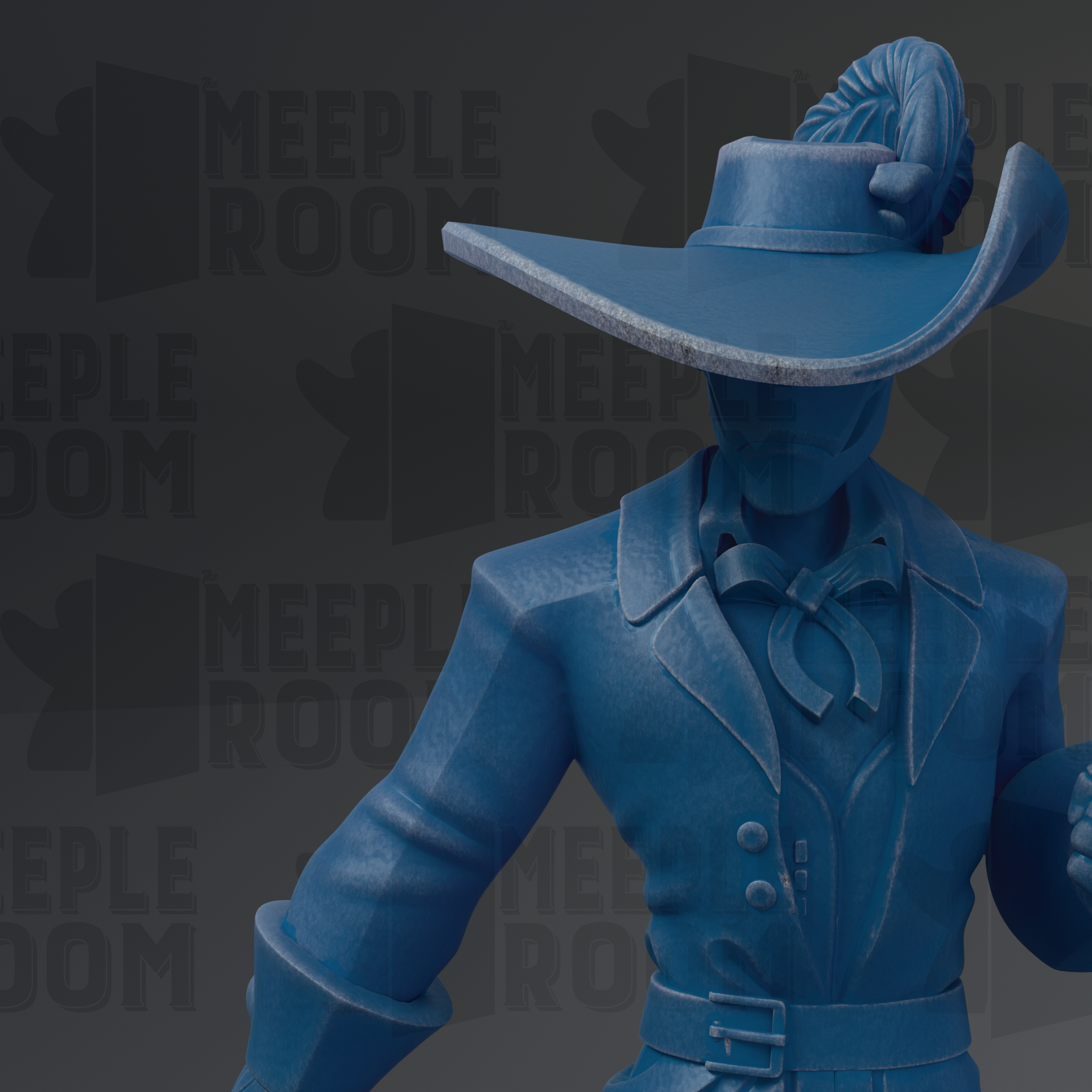 A blue statue of a person wearing a hat and coat, with the text "MEEPLE ROOM" repeated in the background.