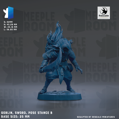a blue figurine of a warrior-like character, possibly a dragon or a magical being, with a sword and a pose that suggests readiness for battle or combat. The figurine is set against a dark background with repeated text and logos, including the words "MEIPLE ROOM" and "Rescale". The base size of the figurine is 26 millimeters.
