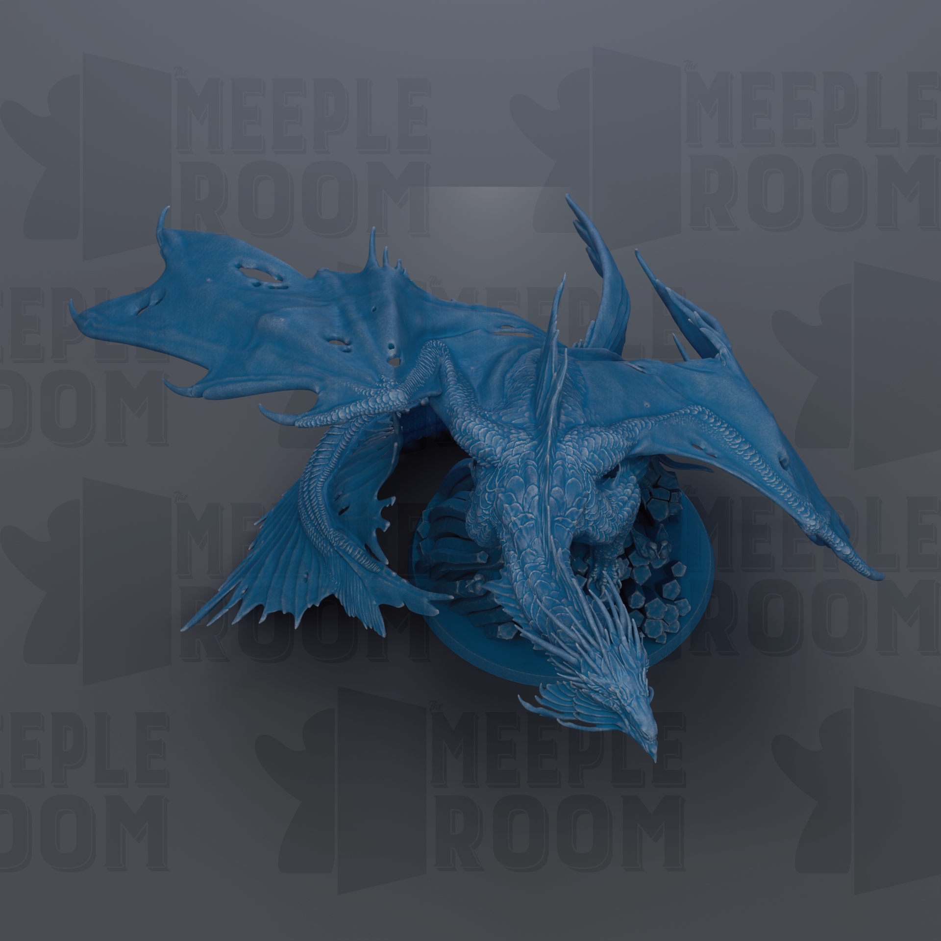 A blue dragon figurine is shown against a dark background with repeated text.