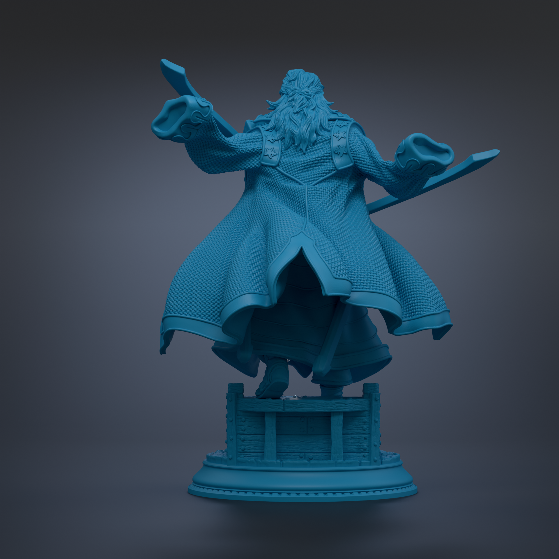 A blue statue of a figure with long hair and a flowing robe, standing on a pedestal and holding a staff.