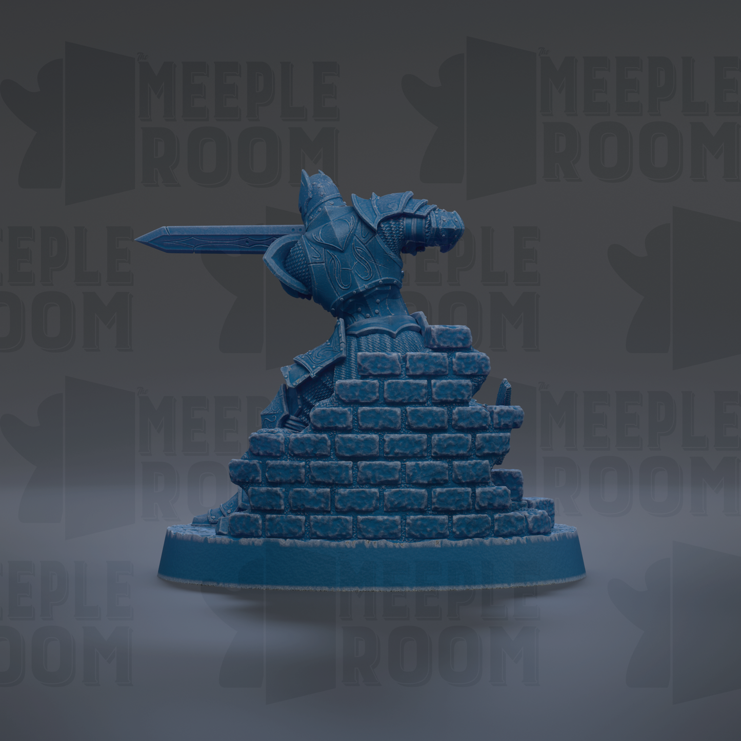A blue figurine of a knight in armor, holding a sword, standing atop a pile of bricks.
