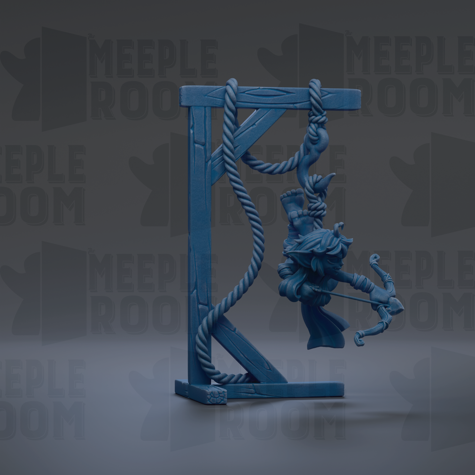 A blue figurine of a person holding a bow and arrow, hanging from a rope structure.