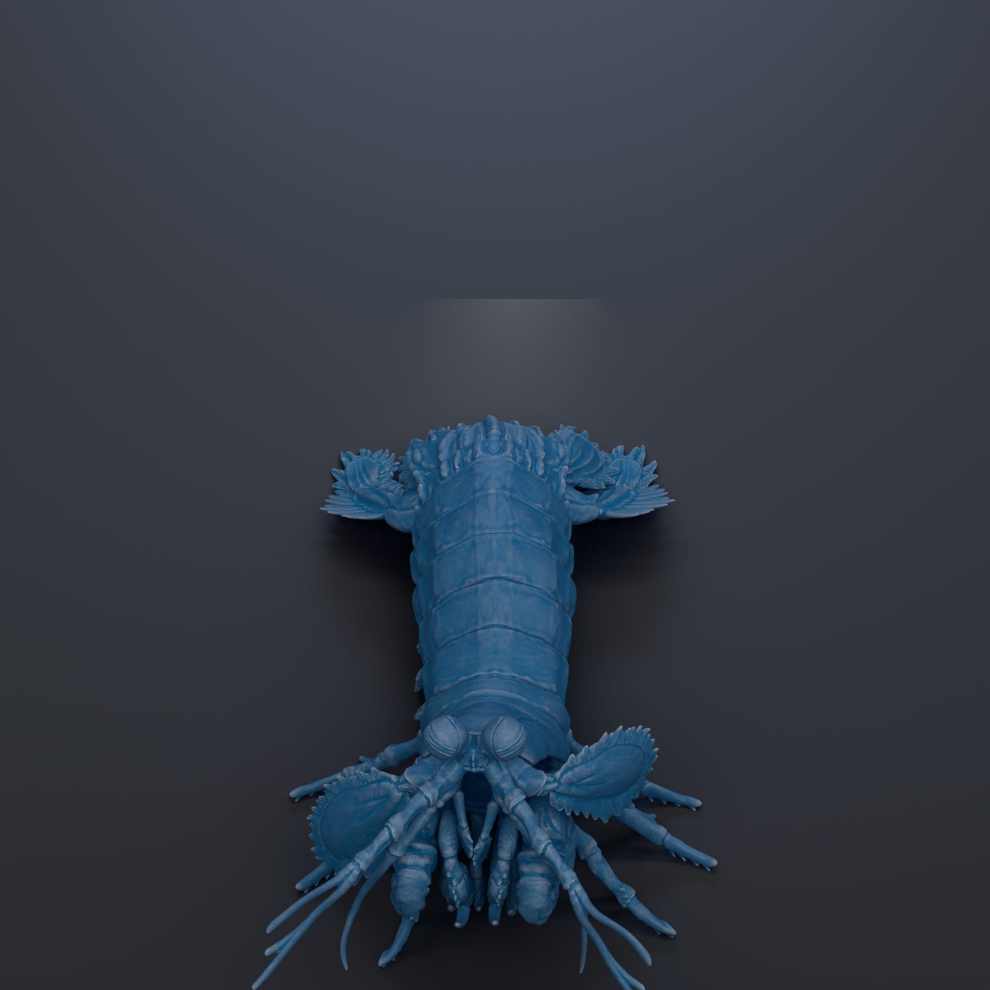A 3D rendering of a blue lobster or crustacean with a textured shell and curled legs, set against a dark background.