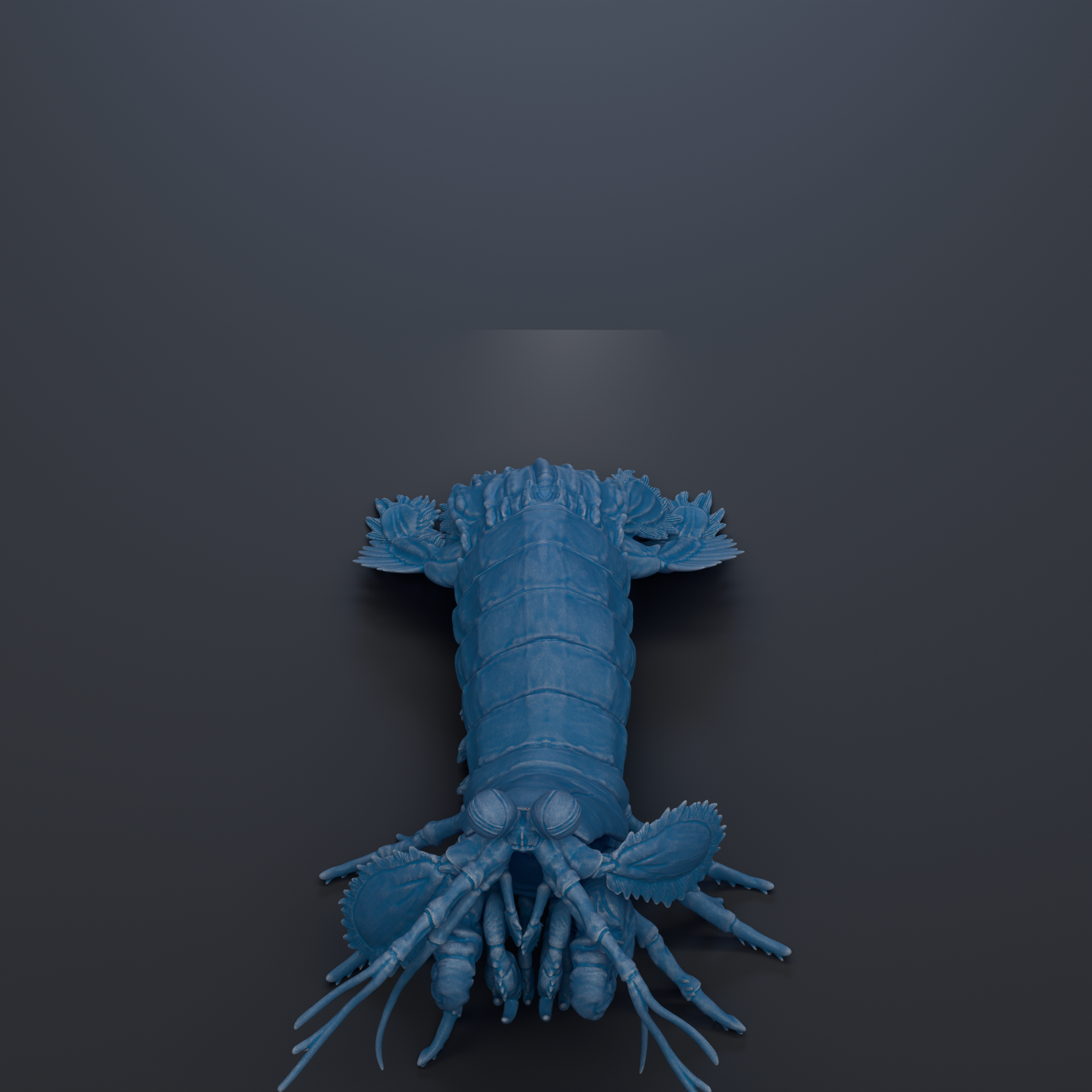 A 3D rendering of a blue lobster or crustacean with a textured shell and curled legs, set against a dark background.
