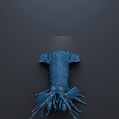 A 3D rendering of a blue lobster or crustacean with a textured shell and curled legs, set against a dark background.