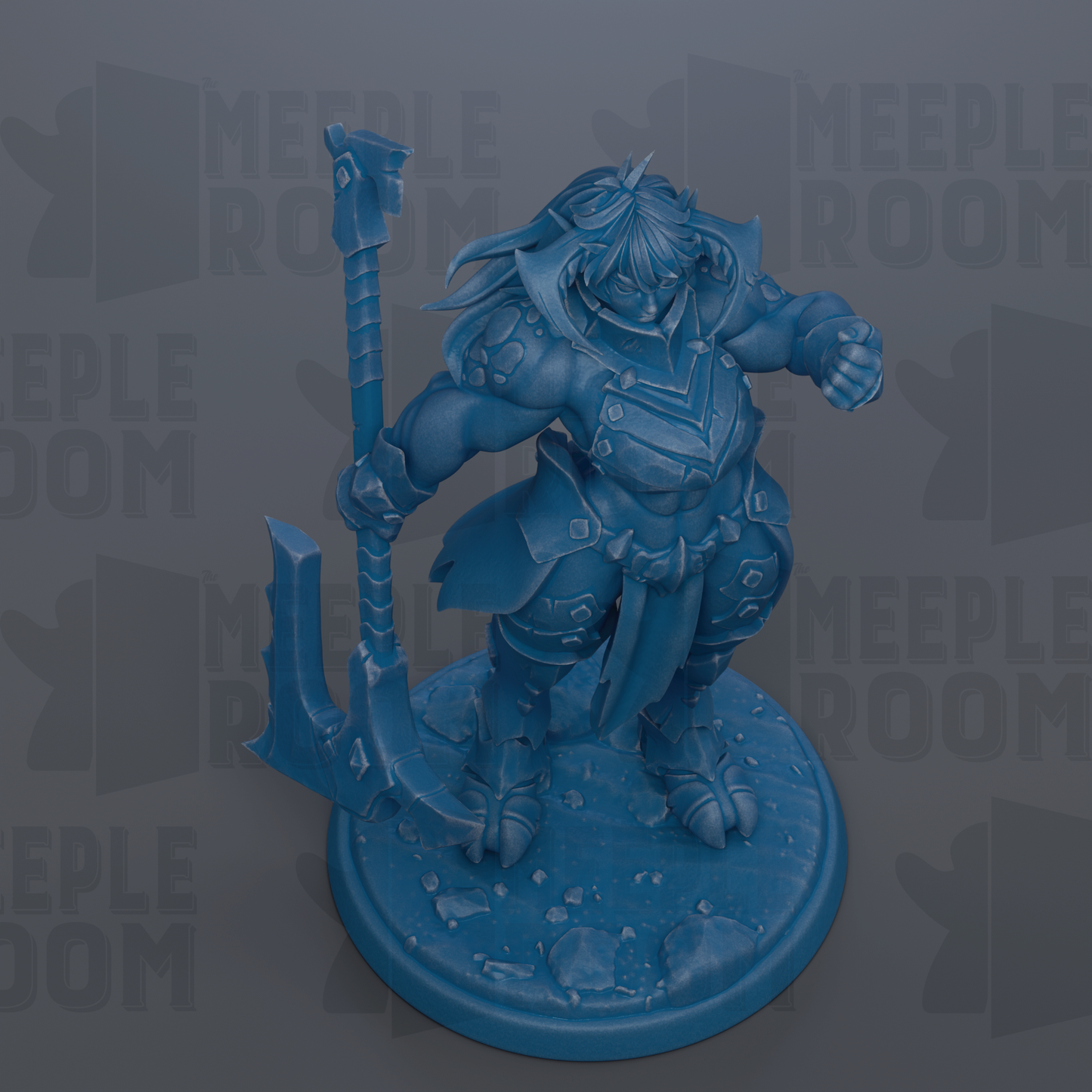 A blue figurine of a warrior-like character holding a spear and sword, standing on a base.