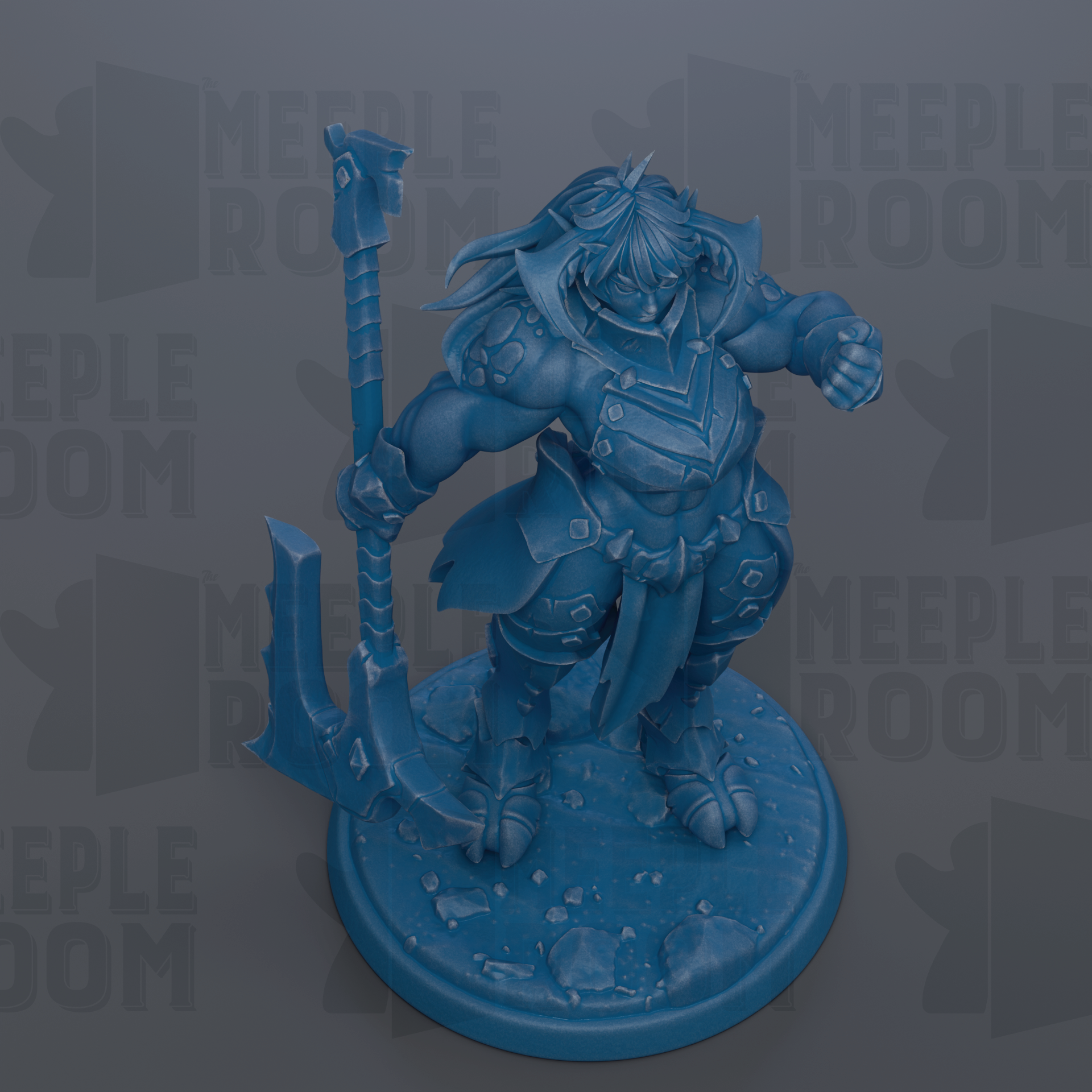 A blue figurine of a warrior-like character holding a spear and sword, standing on a base.
