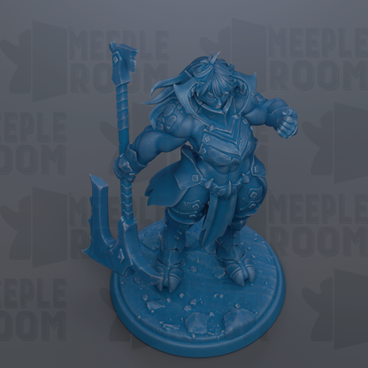 A blue figurine of a warrior-like character holding a spear and sword, standing on a base.