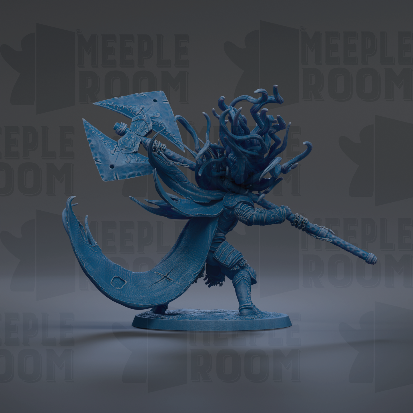 A blue figurine of a warrior wielding a large weapon, standing on a base and facing to the right.