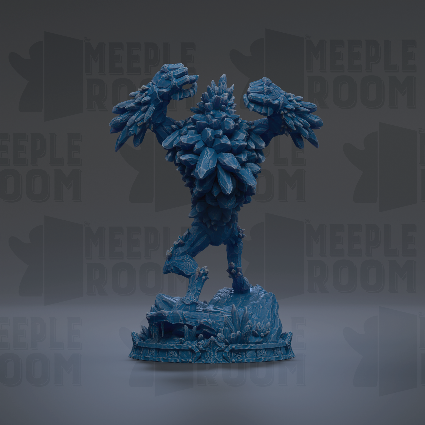 A blue, 3D-rendered figurine of a fantastical creature with sharp, jagged features stands on a rock formation against a dark background.