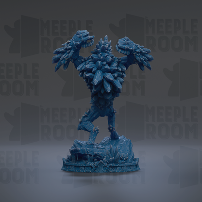 A blue, 3D-rendered figurine of a fantastical creature with sharp, jagged features stands on a rock formation against a dark background.