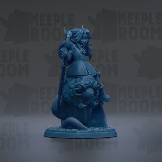A blue figurine of a woman riding a dragon, with the text "MEUPLE ROOM" repeated in the background.