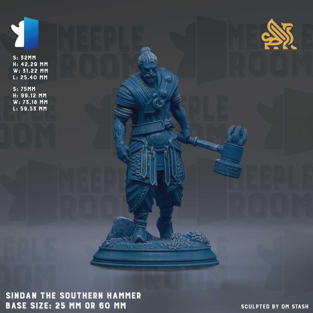 a blue statue of a southern hammer, a type of medieval weapon, standing on a base. The statue is of a person, possibly a knight or warrior, holding a hammer in their hand. The statue is of a base size of 25 mm or 60 mm. The image is a collage of multiple images, and it is not a description of a single image. The phrase "Sindan the Southern Hammer" is visible, indicating the name of the statue.