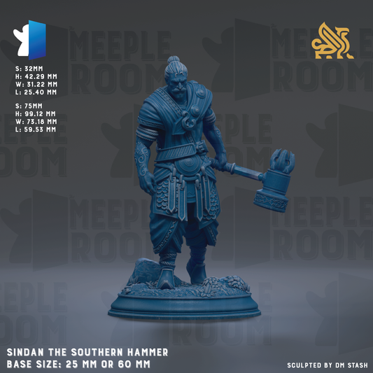 a blue statue of a southern hammer, a type of medieval weapon, standing on a base. The statue is of a person, possibly a knight or warrior, holding a hammer in their hand. The statue is of a base size of 25 mm or 60 mm. The image is a collage of multiple images, and it is not a description of a single image. The phrase "Sindan the Southern Hammer" is visible, indicating the name of the statue.