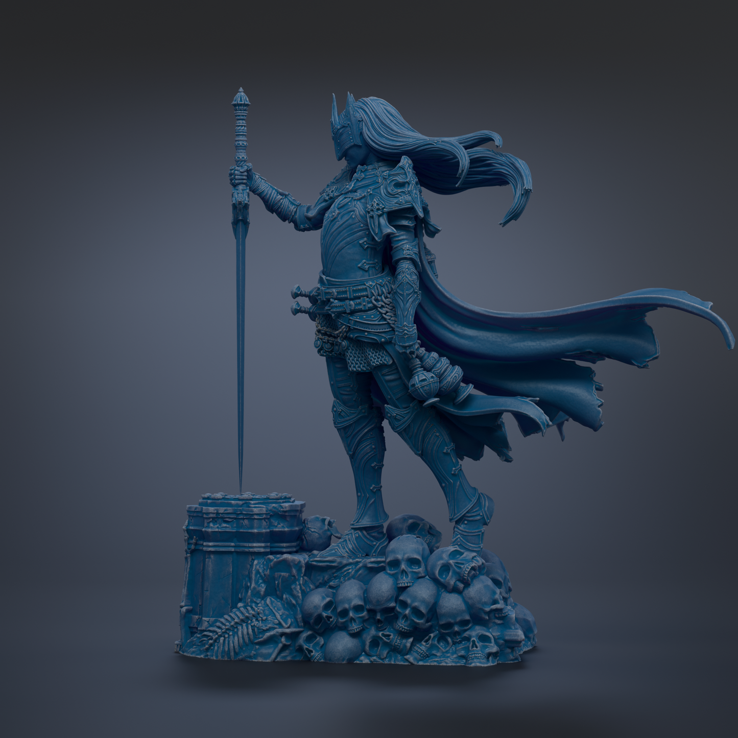 A detailed 3D rendering of a warrior figure holding a sword and standing on a pile of skulls, with flowing hair and a cape.