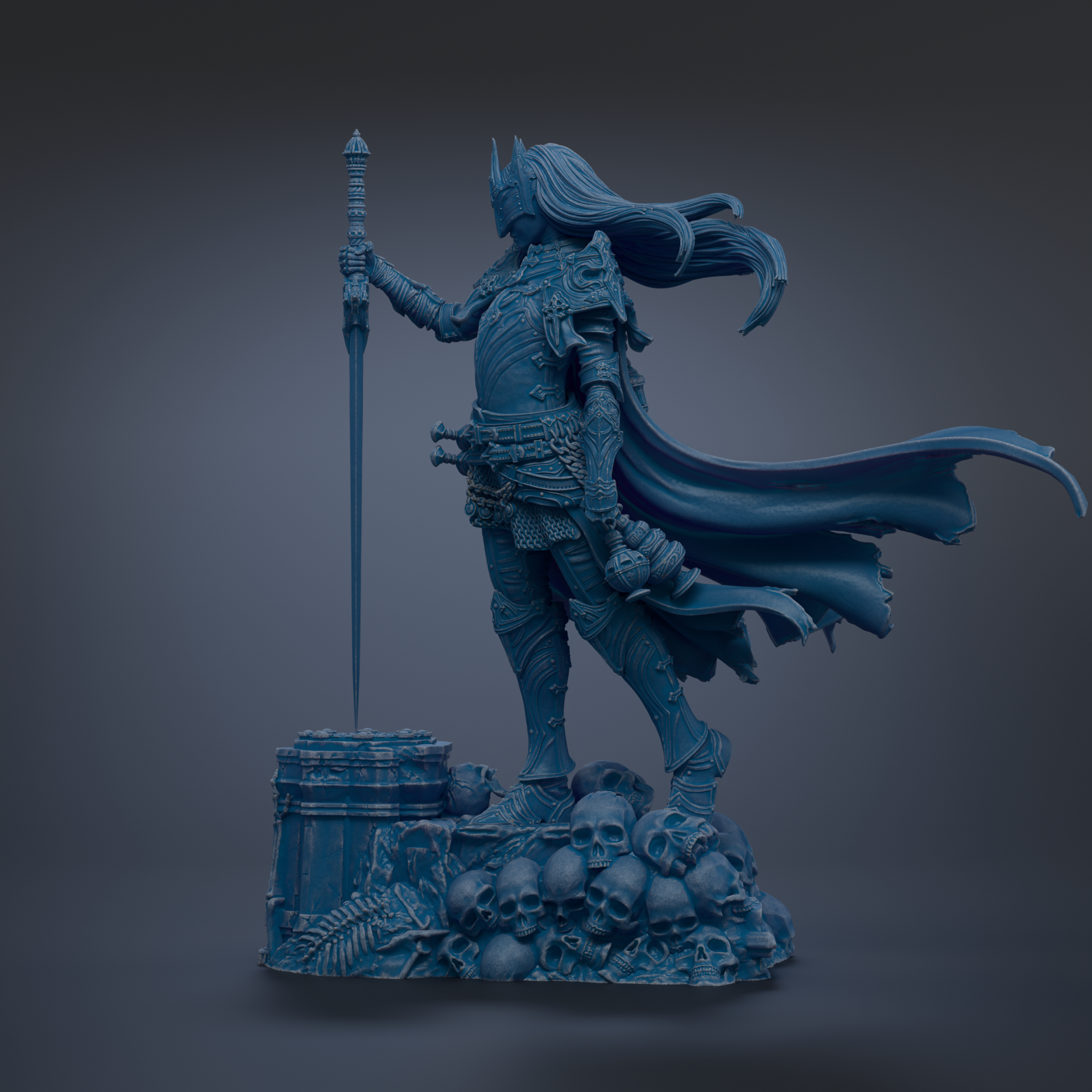 A detailed 3D rendering of a warrior figure holding a sword and standing on a pile of skulls, with flowing hair and a cape.