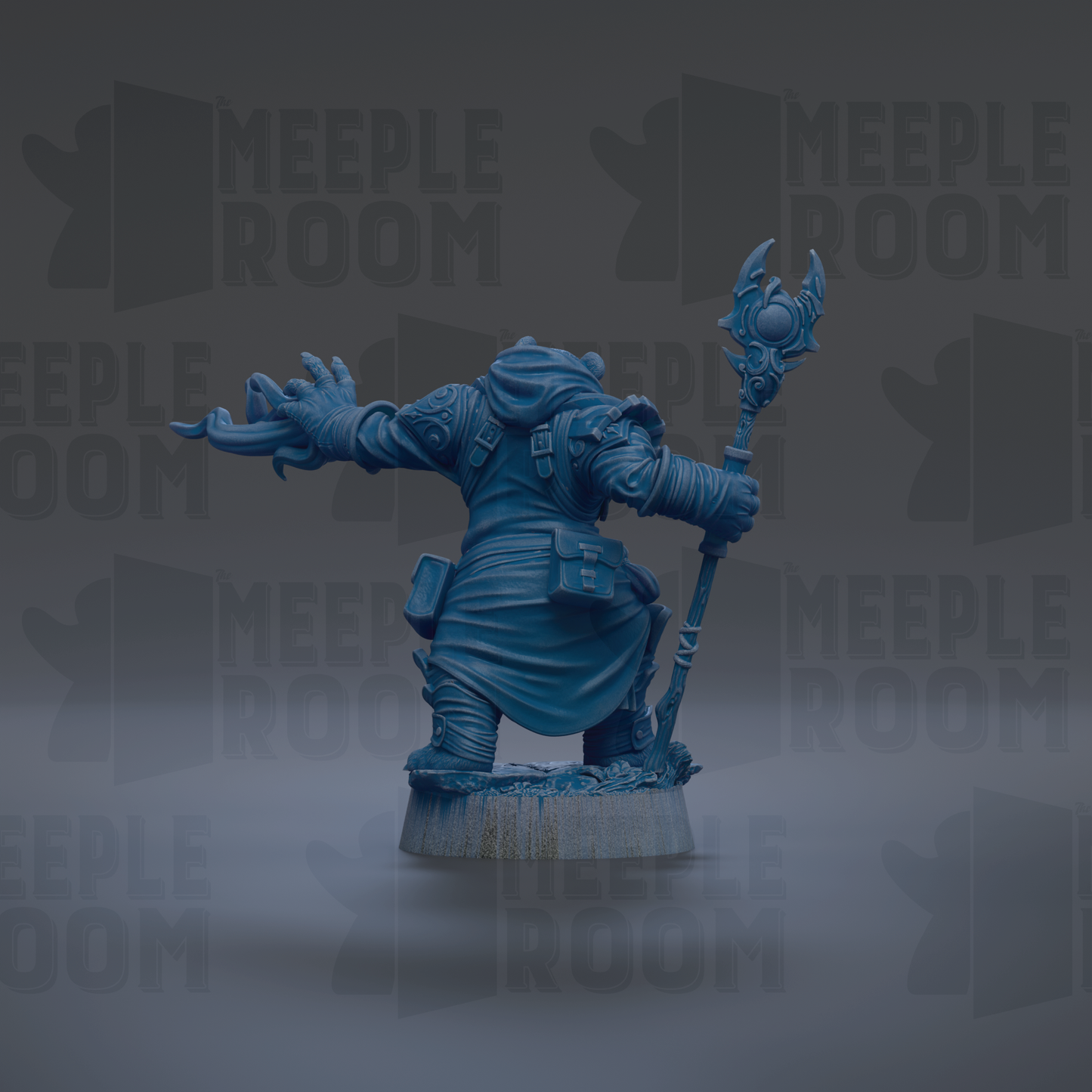 A blue figurine of a character with a staff and a sword, standing against a dark background with repeated text.