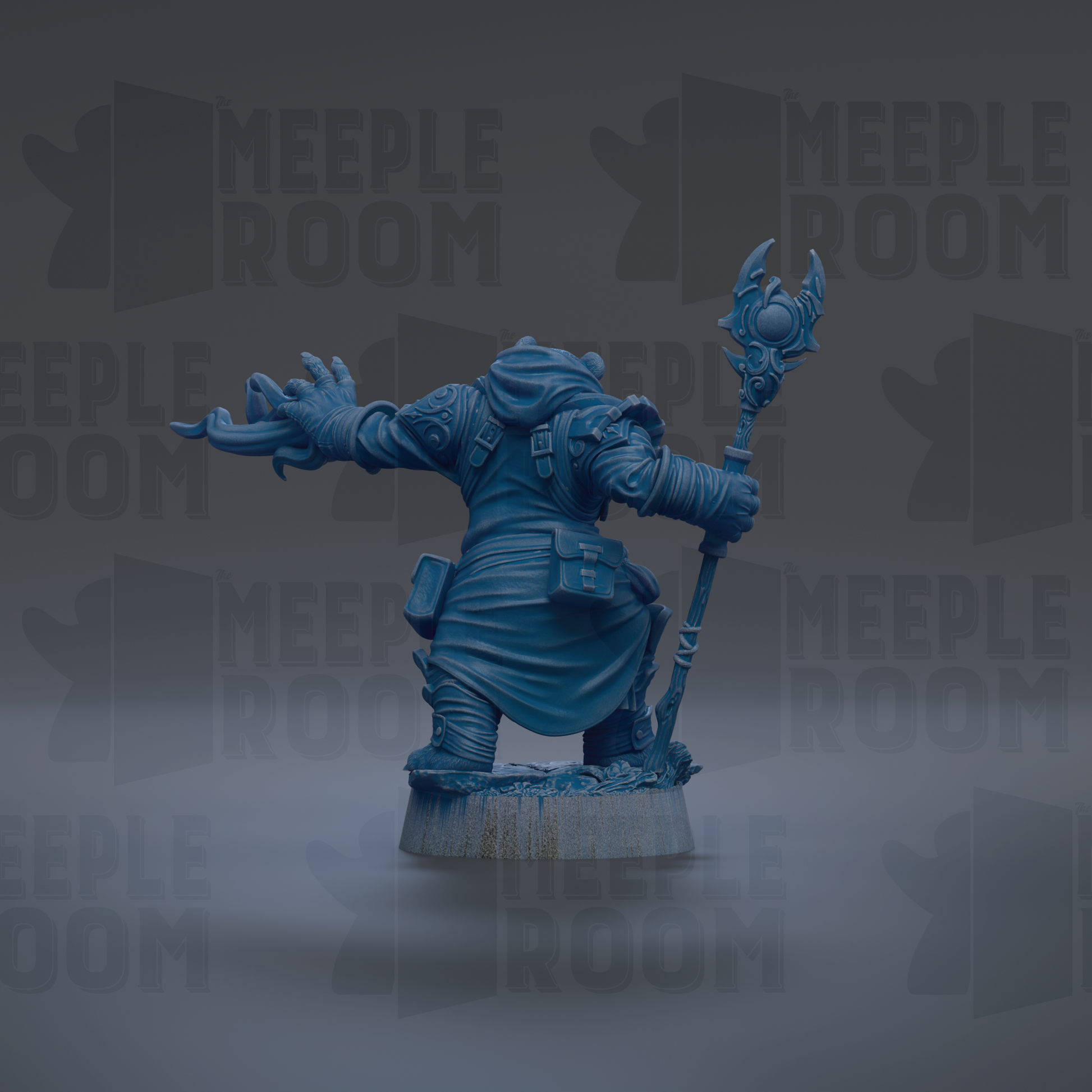 A blue figurine of a character with a staff and a sword, standing against a dark background with repeated text.