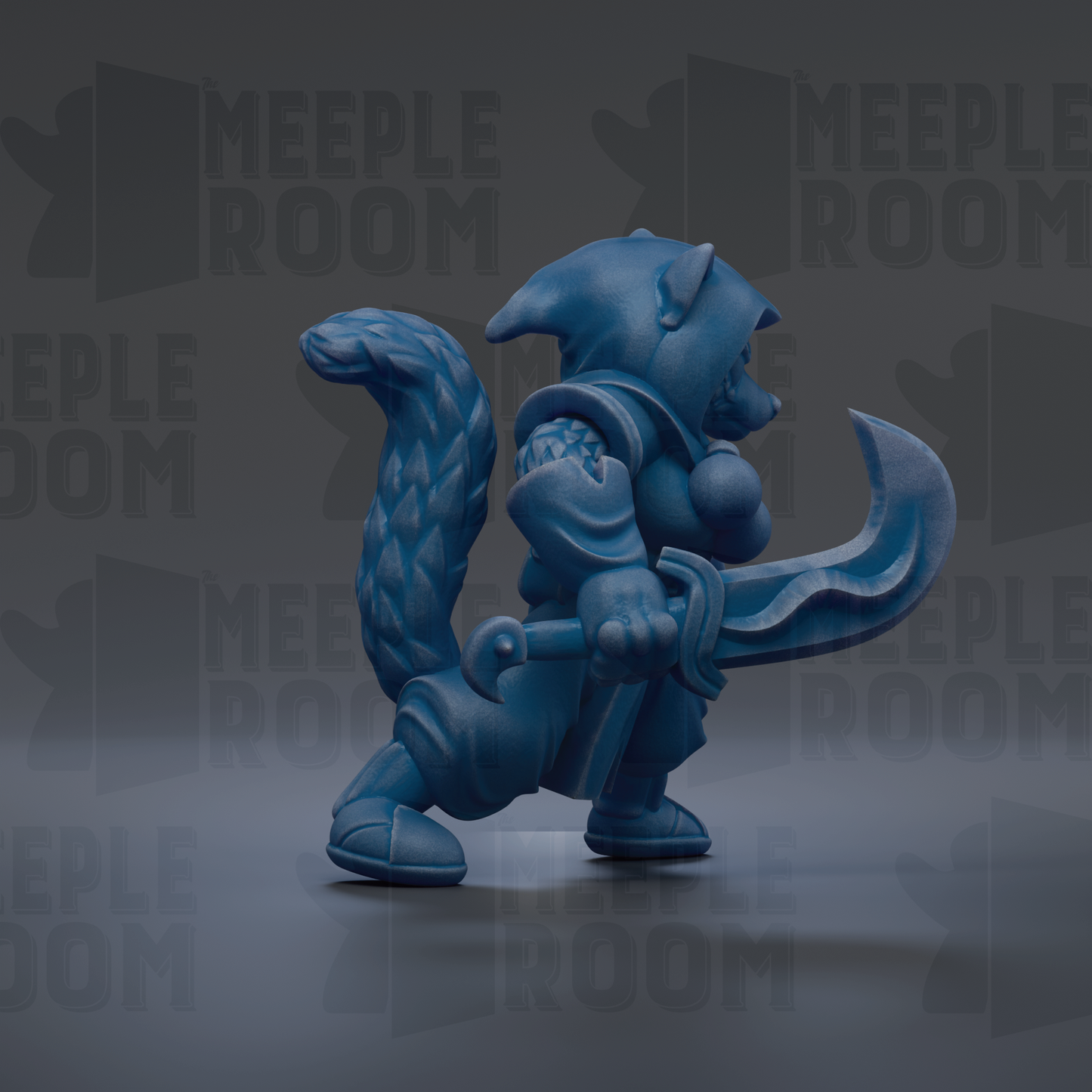 A blue, cartoonish character holding a sword and wearing a hooded outfit, standing against a dark background with repeated text.