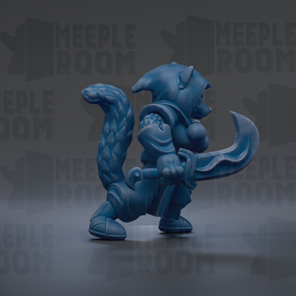 A blue, cartoonish character holding a sword and wearing a hooded outfit, standing against a dark background with repeated text.