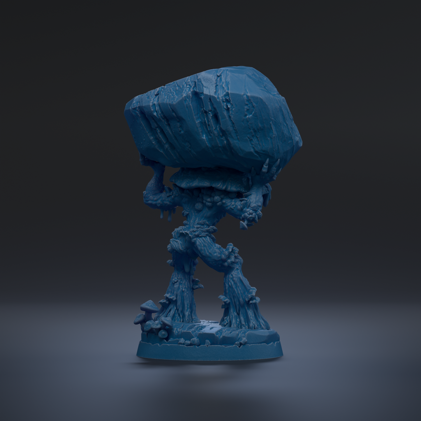 A blue, 3D-rendered figurine of a fantastical creature with a large, jagged rock on its back, standing on a base with mushrooms and other organic elements.
