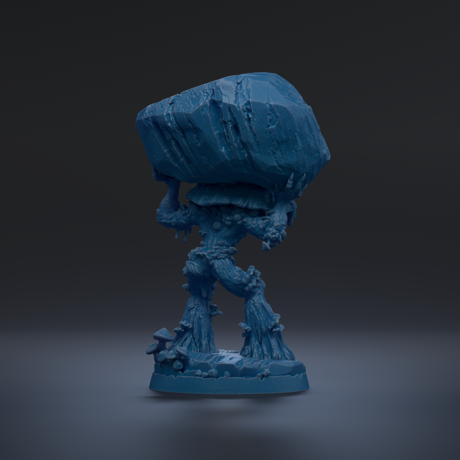 A blue, 3D-rendered figurine of a fantastical creature with a large, jagged rock on its back, standing on a base with mushrooms and other organic elements.