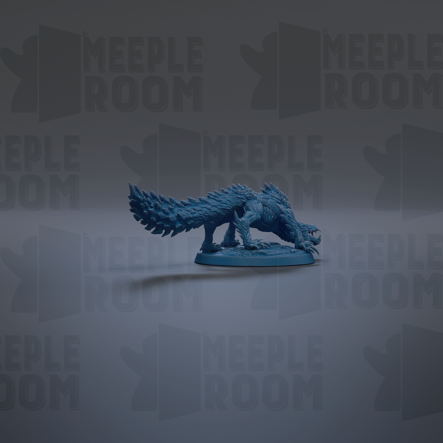 A blue figurine of a creature with sharp teeth and claws is shown against a dark background with repeated text.