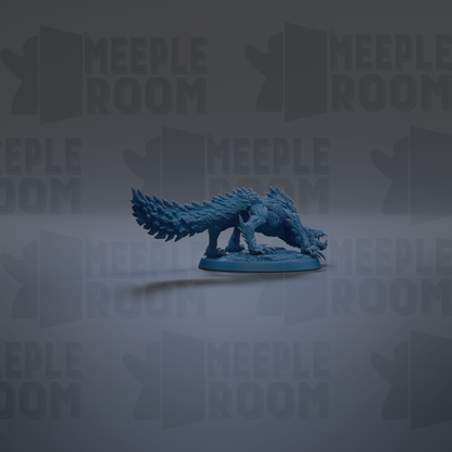 A blue figurine of a creature with sharp teeth and claws is shown against a dark background with repeated text.