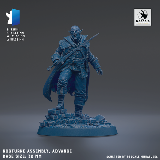 a figurine of a vampire-like character, likely a vampire or vampire-like creature, standing on a base and holding a sword. The figurine is in a dynamic pose, with the character's cape flowing behind them. The base size of the figurine is 22mm.