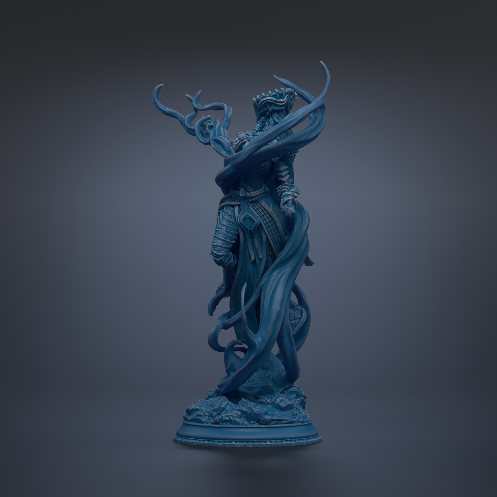 A blue statue of a figure with flowing, ethereal hair and a flowing cape, standing on a pedestal against a dark background.