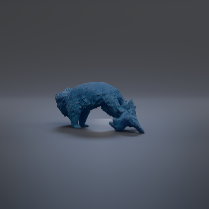 A blue, furry animal figurine is shown in a crouched position against a dark background.