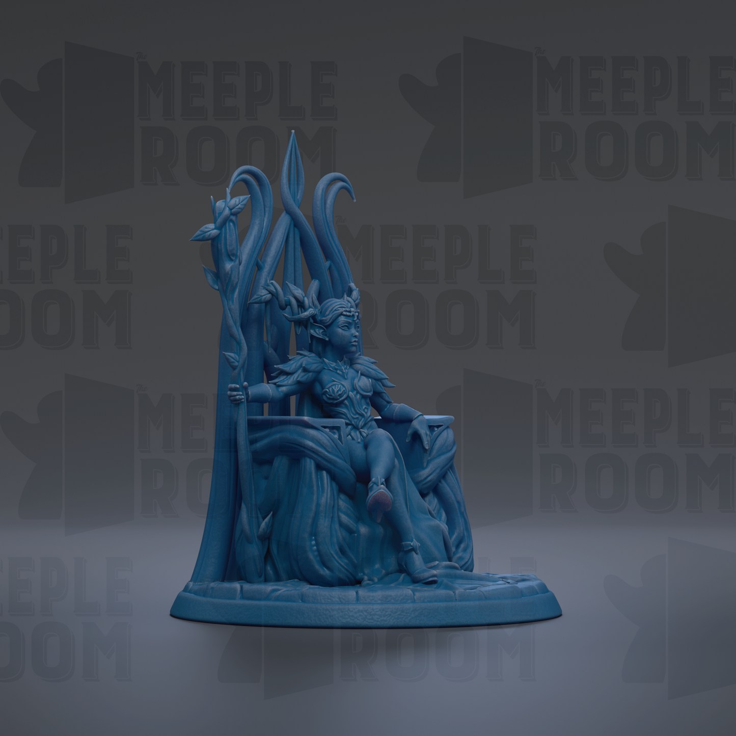 A blue figurine of a seated woman with a crown, holding a staff, is displayed against a dark background with repeated text.