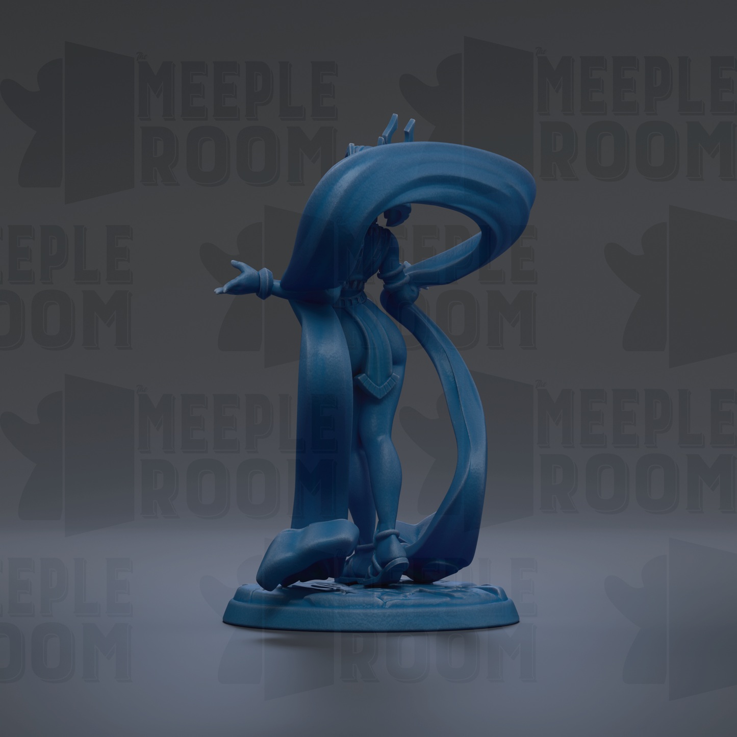 A blue, abstract sculpture with flowing, curved lines and a dynamic pose, set against a dark background with repeated text.